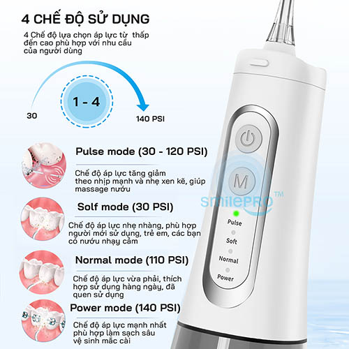 các chế độ sử dụng của tăm nước smilepro